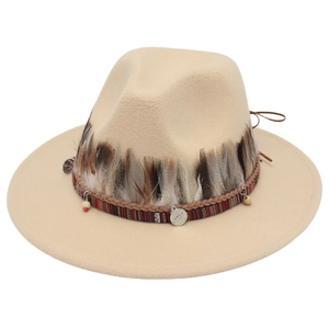 Ethno-Filzhut mit breiter Krempe, Feder-Accessoires und Vintage-Stammesmuster-Band