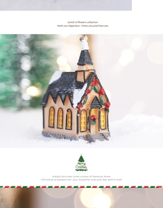 Close-up of miniature Christmas church decor with red bow, wreath and snow texture