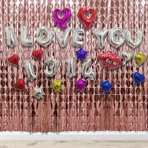 Romantic party balloon set with silver letters and rose gold square foil fringe curtain