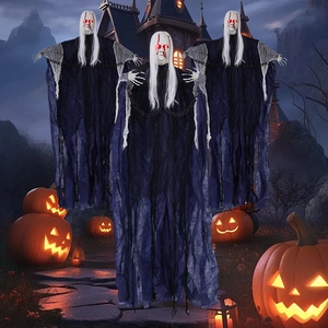 Halloween Hanging Ghost Decoration Voice Activated Glowing Eyes Creepy Sound White Hair Chains Blue Robe Haunted House Prop