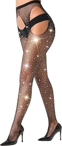 Detail of high-waisted black rhinestone fishnet tights paired with black high heels