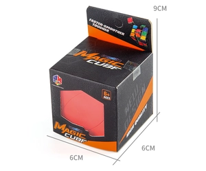 Detail of professional puzzle cube in black and orange window box packaging with size markers