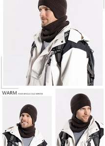 Detailed knit texture of dark brown winter beanie and neck warmer set for men
