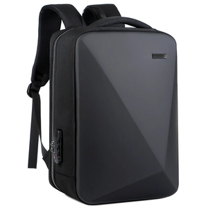 Business laptop backpack with black geometric hardshell design and TSA lock