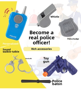 Detailed close-up of 6-piece police role play toy set with walkie-talkie and handcuffs