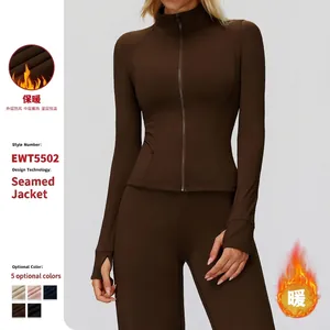 Women's Full Zip Stand Collar Sports Jacket Slim Fit Fleece Lined Yoga Top With Thumb Holes Polyester Spandex Workout Coat