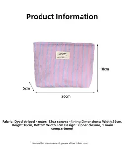 Detailed dimensions of striped canvas makeup bag with durable 12oz canvas lining