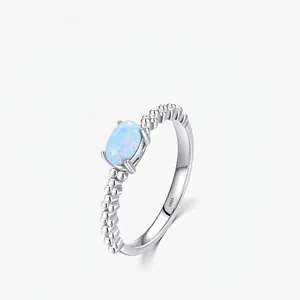 925 Sterling Silver Ring With Oval Blue Opal Gemstone Beaded Texture Band Minimalist Fashion Jewelry For Women