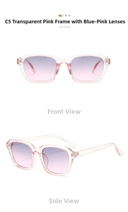 Detail of square transparent pink sunglasses with gradient lenses and metal rivets