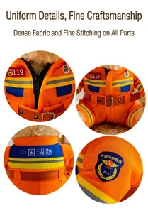 Detailed macro shots of firefighter uniform on teddy bear plush toy for collection