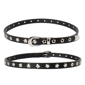Women's black leather belt with silver floral eyelets and polished silver buckle
