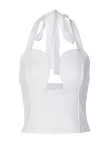 Sleek white cutout halter top with underwire support and tie-neck detail for women