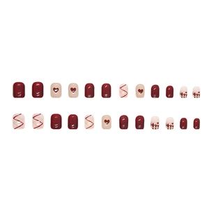 French wine red heart nail press-on kit with diamond lattice and 24 beige pieces
