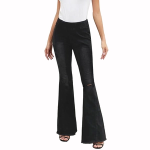 Women's black ripped flare jeans with distressed knee holes and elastic slim fit design
