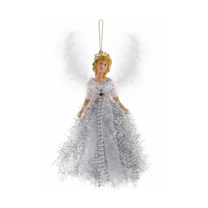 Close-up of Christmas angel pendant with white feathers and silver brushed metal skirt