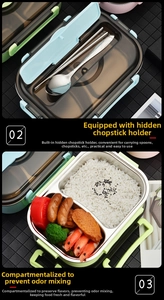 Detail of 304 stainless steel lunch box showing internal compartments and built-in utensil tray