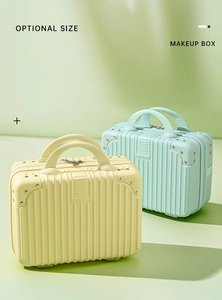 Detailed view of yellow and mint green 14 inch mini makeup cases with striped texture