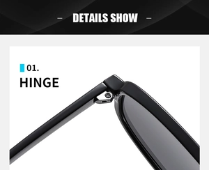 Close-up of durable silver metal hinges and precision screws on irregular black sunglasses