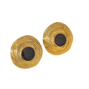 Retro 304 stainless steel geometric hoop earrings with golden spiral texture and black inlay