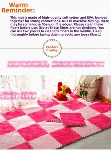 Close-up of interlocking pink and rose plush EVA foam mats with soft shaggy texture