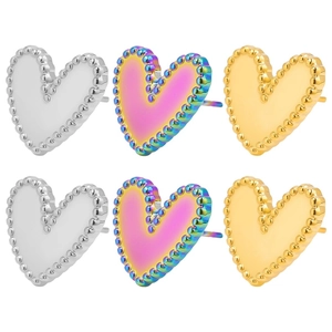 Three pairs of heart-shaped stainless steel stud earrings with beaded edge detail
