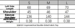 Detailed size chart for asymmetrical top and trousers set showing measurements in cm
