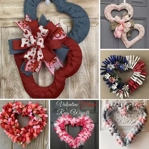 Collage of DIY heart-shaped festive wreaths in various fabric textures for Valentine's Day