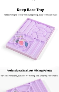 Deep wells of a professional purple nail art palette holding pigments and rhinestones