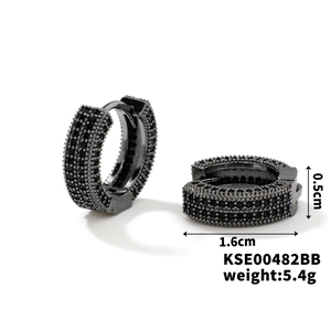 Detail showing 1.6cm black hoop earrings with micro-pave cubic zirconia and dimensions
