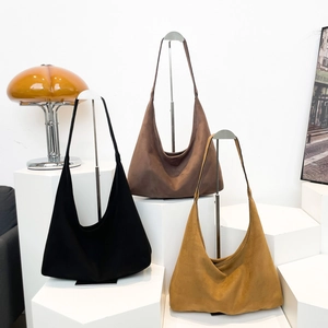 Minimalist faux suede hobo tote bags in black, brown and caramel colors for women