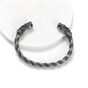 Men's Nordic Viking double dragon head twisted metal bangle with antique grey finish