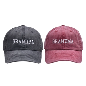 Vintage washed baseball caps with Grandpa and Grandma embroidery in grey and burgundy