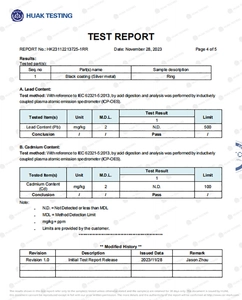 Official safety certificate confirming lead and cadmium free quality for stainless steel ring