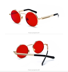 Steampunk sunglasses with red round lenses and gold metal frames from 90 and 180 degrees