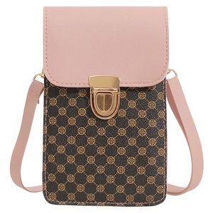 Pink and brown crossbody phone bag with clover pattern and gold metal buckle clasp