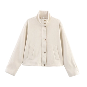 Veste ample pour femme couleur crème à col montant, texture suédée et boutons en métal