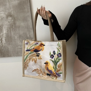 Women Cotton Linen Tote Bag Floral Bird Embroidery Handbag With Braided Handle Retro Casual Shopping Shoulder Bag