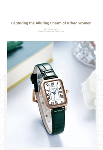 Macro shot of a rectangular rose gold watch with green leather strap and Roman numerals