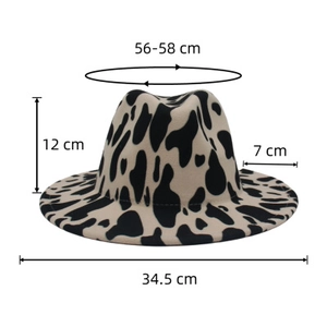 Detailed cow print fedora hat specifications with 56-58cm circumference and 7cm brim