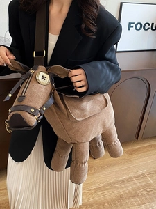 Retro animal-shaped canvas crossbody bag with brown leather patchwork and wide strap