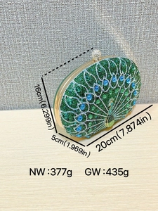 Peacock shaped rhinestone clutch purse in green with detailed size dimensions
