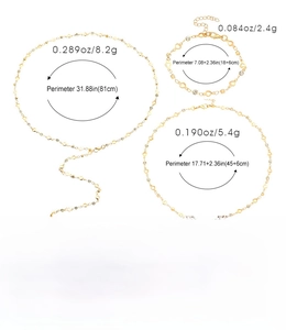 Detailed size chart for golden heart necklace and bracelet jewelry set with weights