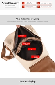 Detailed internal structure of the beige shoulder bag showing four storage compartments