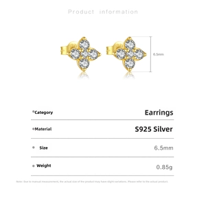 Detailed specs of gold S925 silver clover earrings with sparkling zircon stones