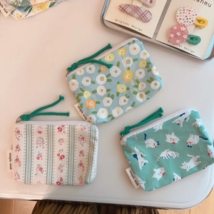 Three green floral and cat print cotton mini coin purses with zipper and knot puller