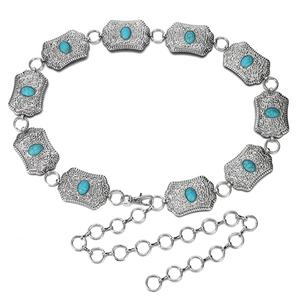 Bohemian silver waist chain with engraved metal plates and turquoise stones on white background