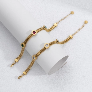 Gold stainless steel link bracelet with colorful zircon stones and roman numerals