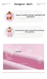 Detail of pink long-sleeve yoga top featuring brushed texture and square neckline