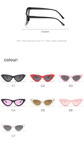 Cat eye sunglasses dimensions diagram showing 13.5cm frame width and multiple colors