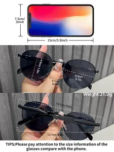Detailed size specifications for vintage round sunglasses compared with a smartphone